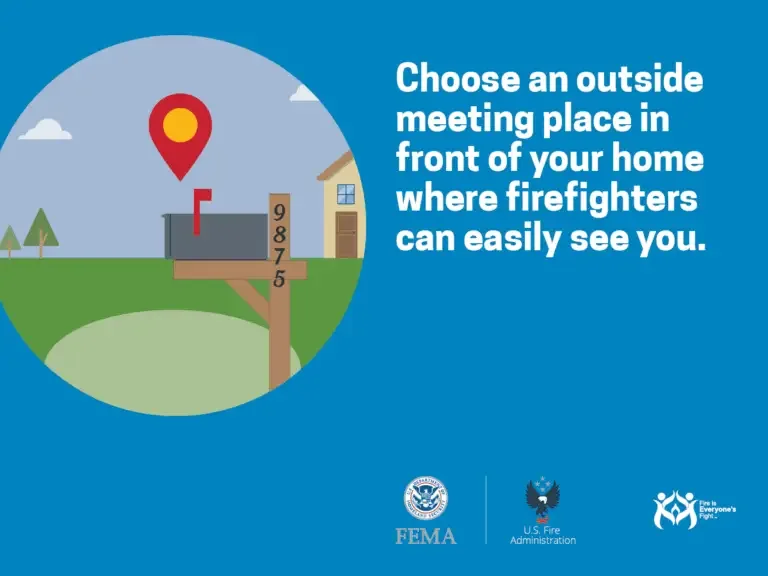 Meeting point safety: select a conspicuous outdoor location near your home as an emergency rendezvous spot for firefighters and family members.