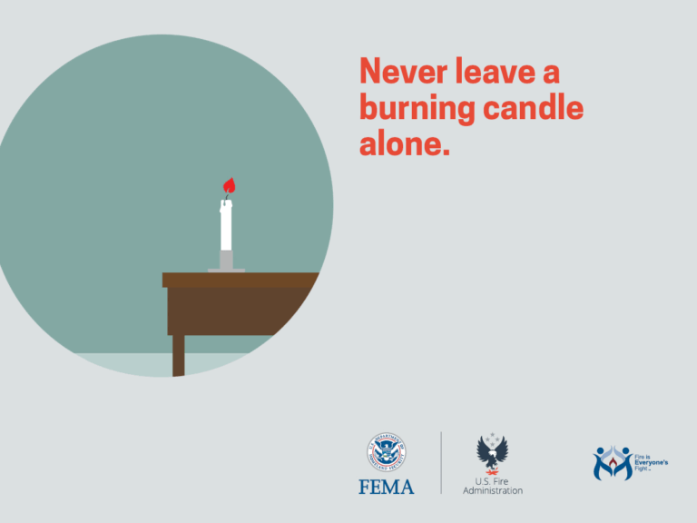 A lit candle sits alone on a table with the text “Never leave a burning candle alone.” FEMA, U.S. Fire Administration, and fire safety logos are at the bottom.