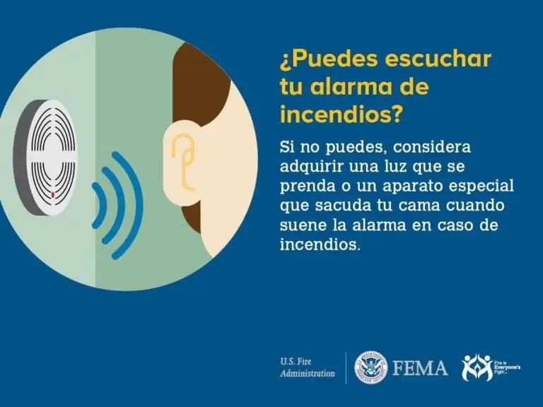 An illustration promoting fire safety awareness, with a focus on the importance of hearing smoke alarms. it shows a stylized human ear aligning with sound waves emanating from a smoke detector, accompanied by a message in spanish that asks, "can you hear your alarm?" and suggests considering the purchase of a light that turns on when the smoke alarm sounds, especially for those who are deaf or hard of hearing.