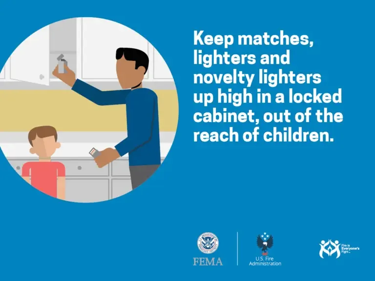 Safe storage for fire sources: a responsible adult places matches on a high shelf away from a curious child to promote fire safety at home.