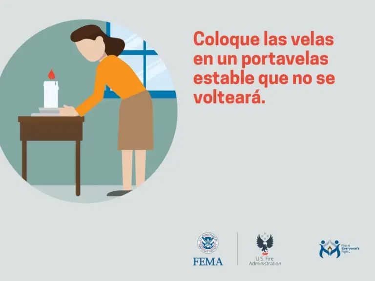 A woman is placing a lit candle into a candle holder on a sturdy table, with an advice message reminding to use a stable candle holder to prevent tipping over. safety logos from fema, the u.s. fire administration, and the u.s. department of homeland security are visible, indicating a public safety campaign.