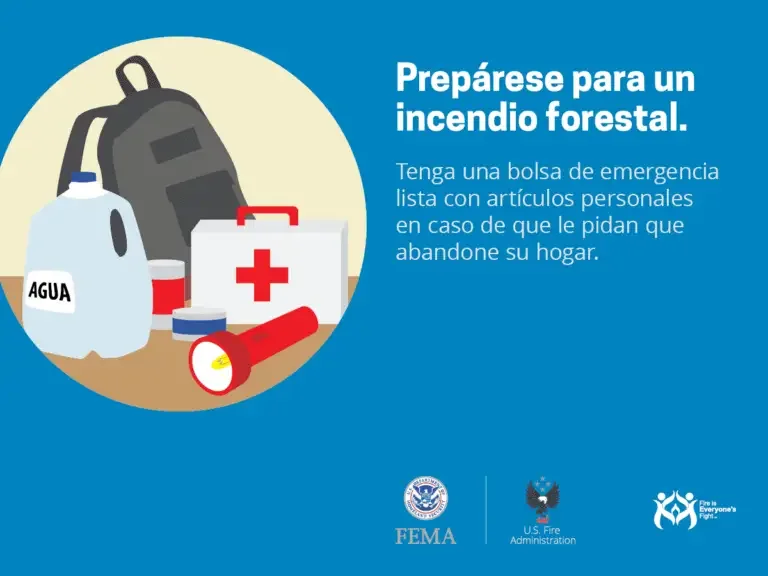 Prepárese para un incendio forestal: tenga una bolsa de emergencia lista con artículos personales en caso de que le pidan que abandone su hogar." la imagen muestra una representación gráfica de algunos elementos esenciales, como agua, una mochila, un botiquín de primeros auxilios, y una linterna, sugiriendo la importancia de estar preparado para una evacuación debido a un incendio forestal.