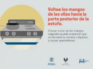 Una infografía sobre seguridad en la cocina con un mensaje de prevención: "voltee los mangos de las ollas hacia la parte posterior de la estufa. ocasionalmente, los mangos colgantes pueden ser agarrados o tirados por los niños y causar quemaduras o derrame de comidas o líquidos." logos de fema, us fire administration y fire is everyone's fight aparecen debajo, insinuando que estos organismos están involucrados en la campaña de seguridad.