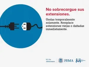 An electrical safety message in spanish, saying "do not overload your outlets. use only temperate extension cords. replace old or damaged ones immediately." with an illustration of a plug and a socket.