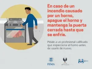 A person stands next to an oven that is on fire, with illustrations depicting it as a safety instruction on what to do in the event of an oven fire: keep the oven door closed and wait for it to cool down before inspecting or using it again. the image features logos of fema, us fire administration, and is likely part of a public safety campaign.