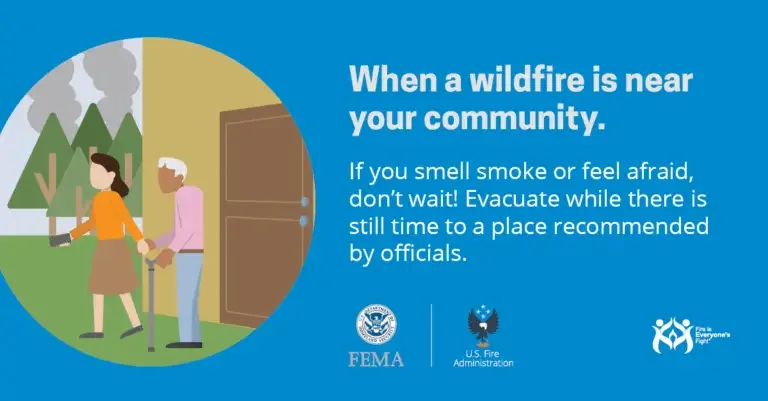 When a wildfire is near your community. if you smell smoke or feel afraid, don't wait! evacuate while there is still time to a place recommended by officials." - a public safety message featuring two individuals preparing to evacuate their home as smoke rises in the background, endorsed by fema, us fire administration, and the department of homeland security's ready campaign.