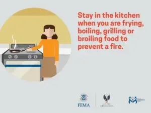 A safety awareness illustration featuring a person cooking on a stove with the caption: "stay in the kitchen when you are frying, boiling, grilling or broiling food to prevent a fire." the logos of fema, the u.s. fire administration, and fire is everyone's fight are also displayed, indicating a joint effort to promote fire safety.