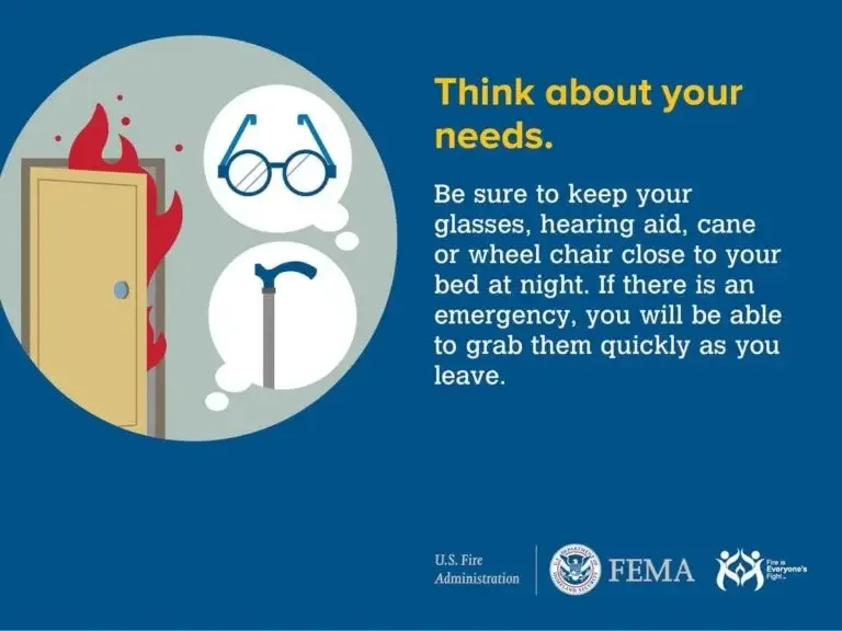 Emergency preparedness reminder: keep essential mobility aids like glasses, hearing aide, or wheelchair close to your bed for quick access in case of an emergency evacuation at night.