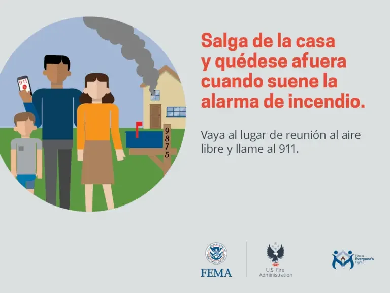 An informative illustration depicting a family evacuating their home due to a fire, following the instructions to gather at an outdoor meeting point and call 911 for emergency assistance, with logos from fema, us fire administration, and fire is everyone’s fight present, indicating a public safety message.