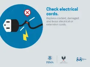 Reminder to inspect power cables: avoid hazards by checking for cracked, damaged, or loose electrical and extension cords.